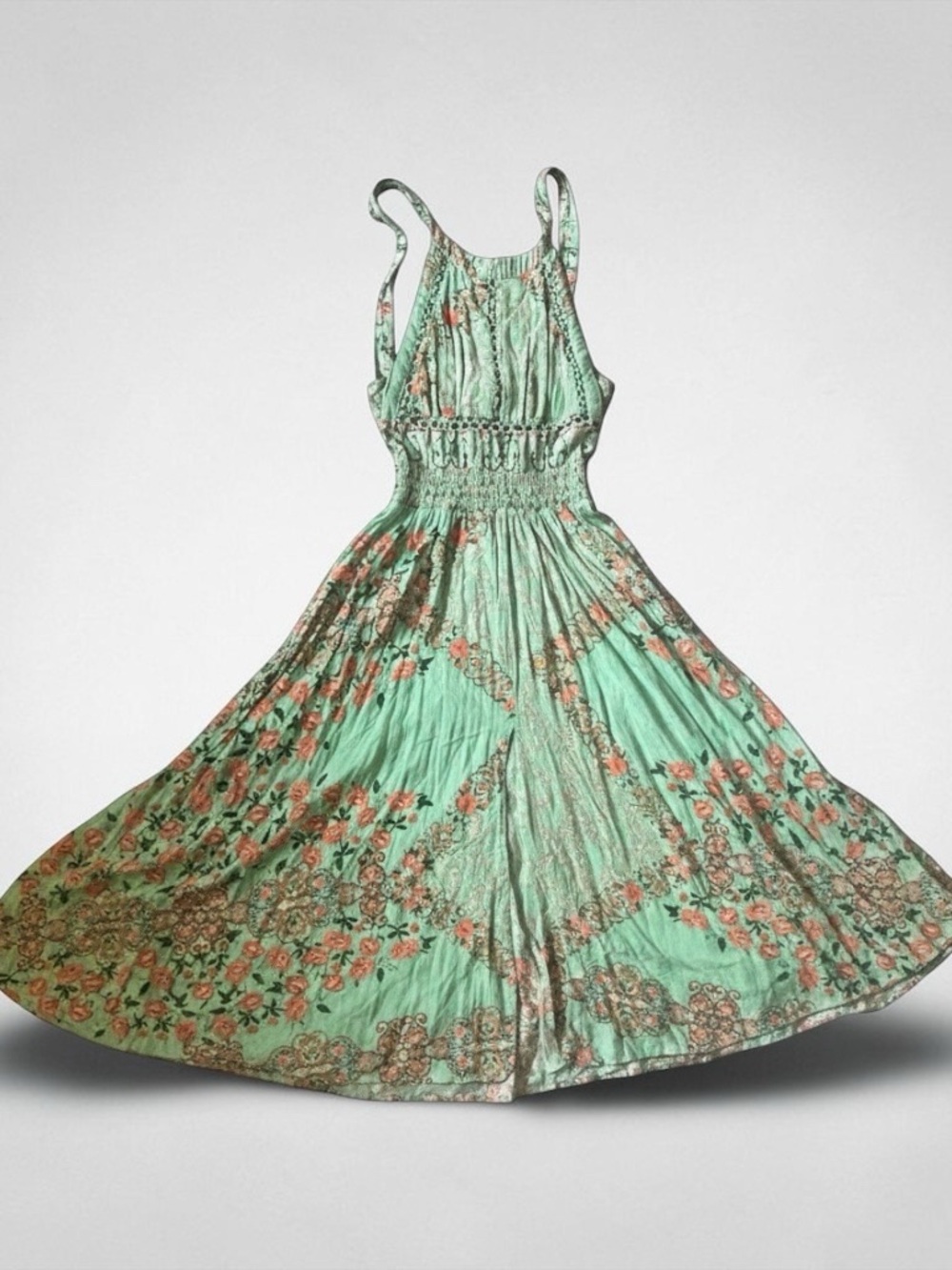 Jaase Mint Green Floral Halter Maxi Dress - size L